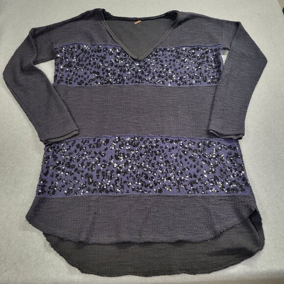 Free People Women's Tunic Sweater Dress V-Neck Sequin Embellished S/M Blue Black - Picture 1 of 9